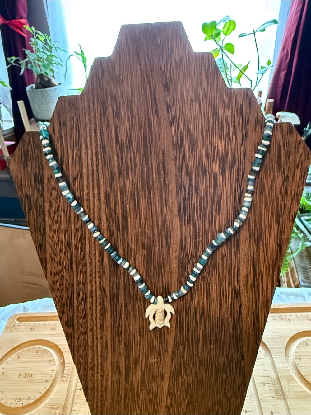 Hand Crafted Beaded Necklace with Turtle Pendant in Teal, Black and White